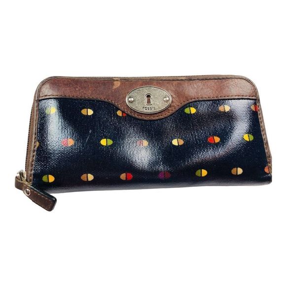 Fossil Key Per Coated Canvas Wallet Multi Credit Card Slots Zipper Leather Trim - Picture 1 of 8